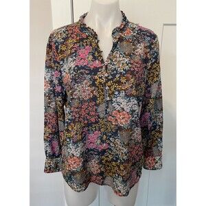 TALBOTS Womens Button TOP Long Sleeve BLUE Pink Yellow FLORAL Size LP